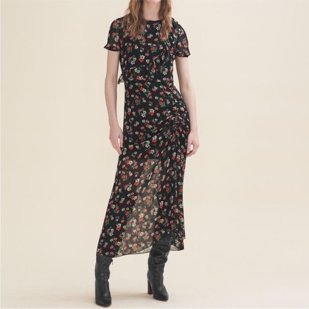 Maje Rancho Ruffle Floral Print Midi Dress Size 2